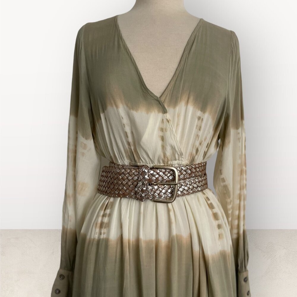 AAKAA beige tan tiedye MAXI dress boho chic GYPSET THIGH SLIT medium lightweight - Picture 2 of 12